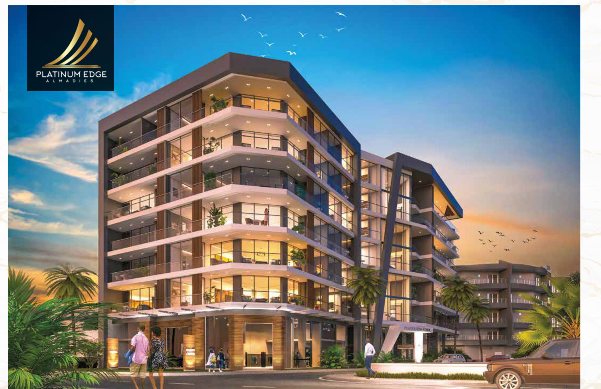 Platinum Edge Almadies — L'immeuble au crépuscule
