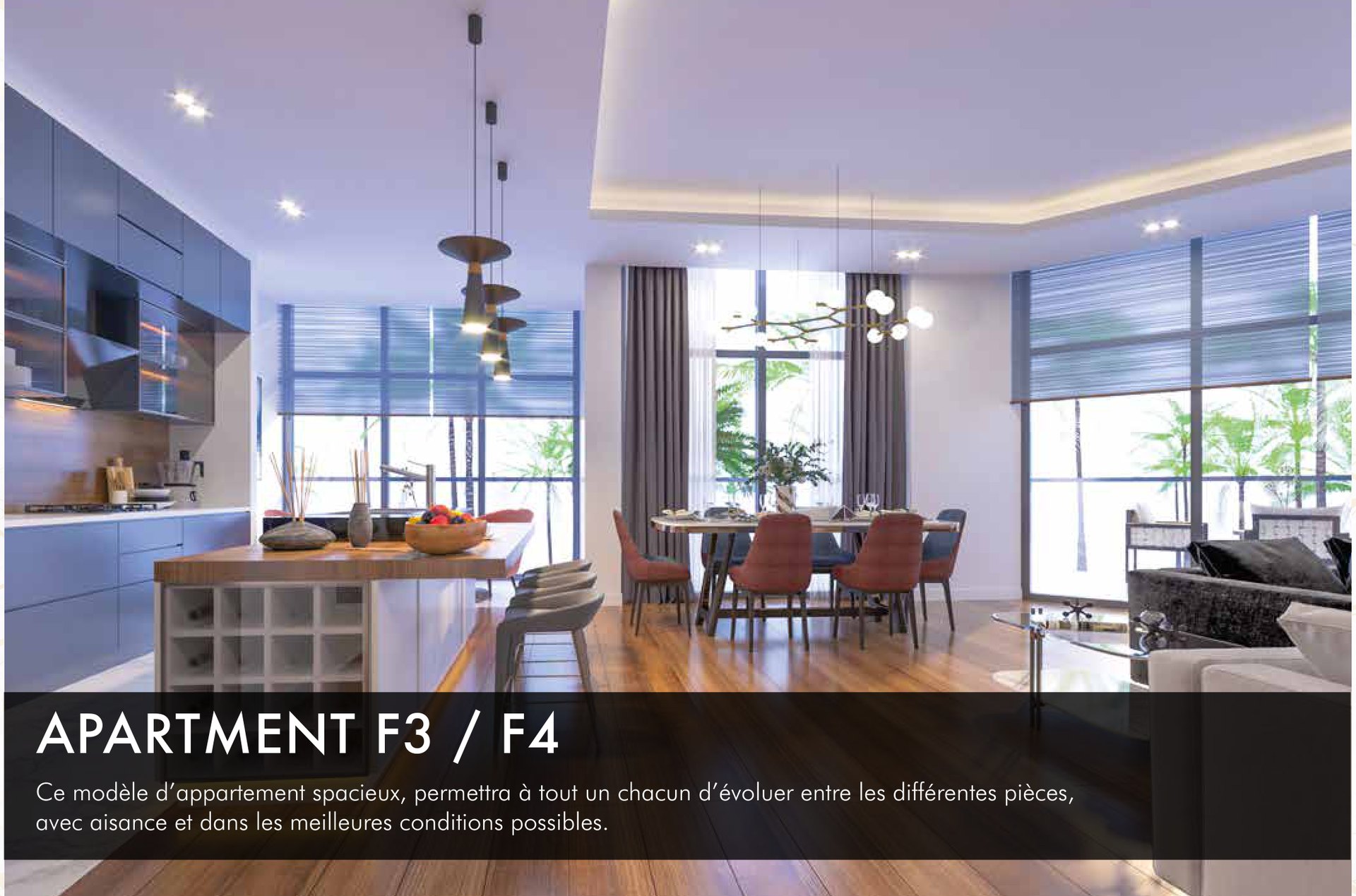 Séjour et cuisine d'un appartement F3/F4