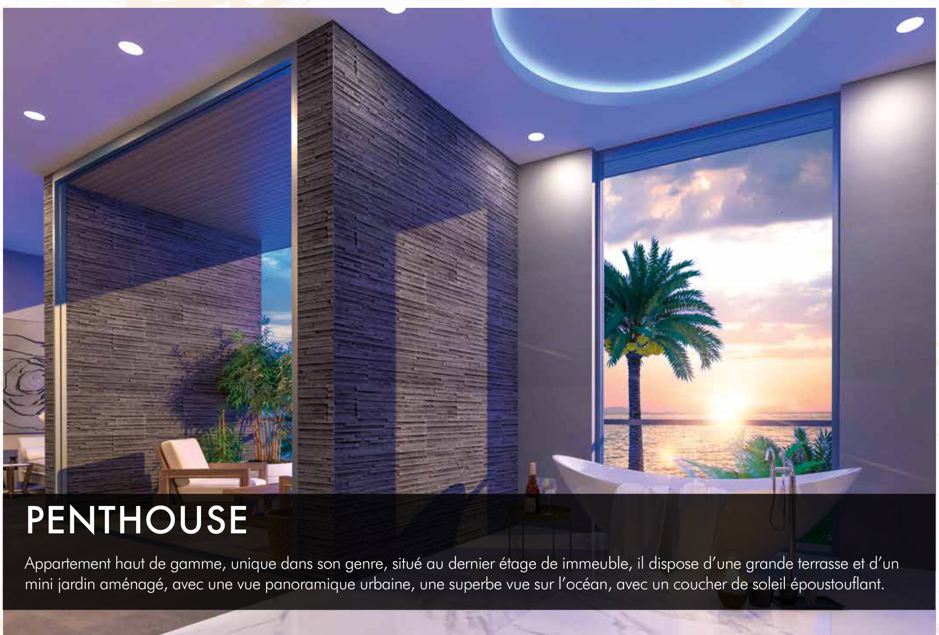 Salle de bain du penthouse face au coucher de soleil